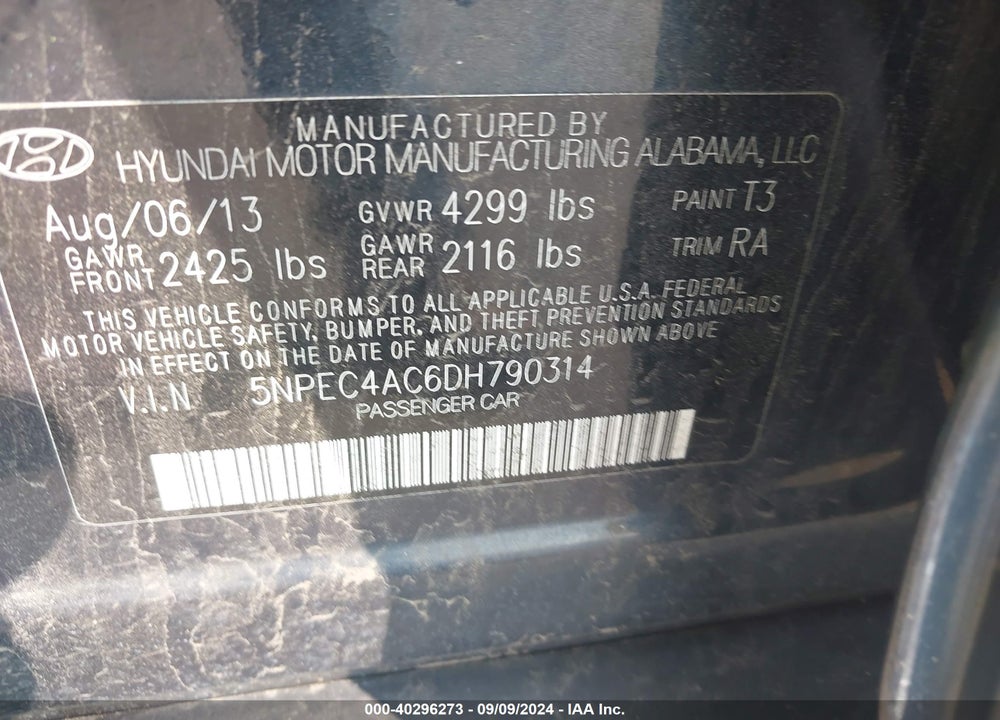 2013 HYUNDAI SONATA SE VIN: 5NPEC4AC6DH790314