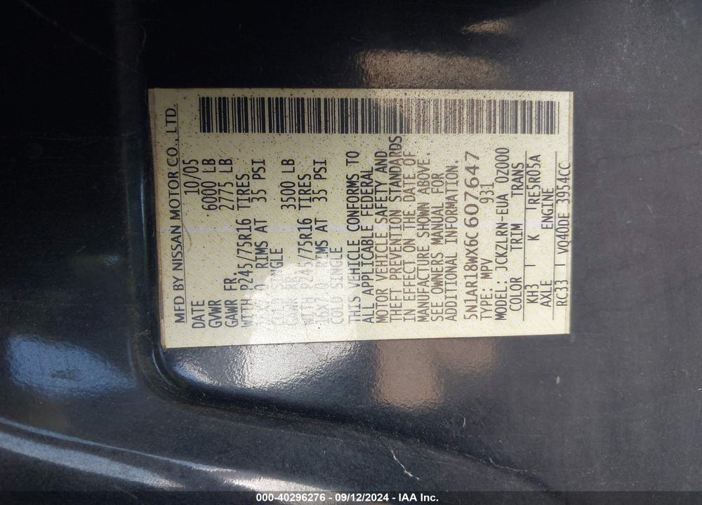 2006 NISSAN PATHFINDER S VIN: 5N1AR18WX6C607647