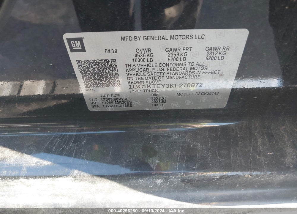 2019 CHEVROLET SILVERADO 2500HD LTZ VIN: 1GC1KTEY3KF270872