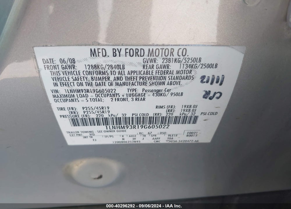 2009 LINCOLN MKS VIN: 1LNHM93R19G605022