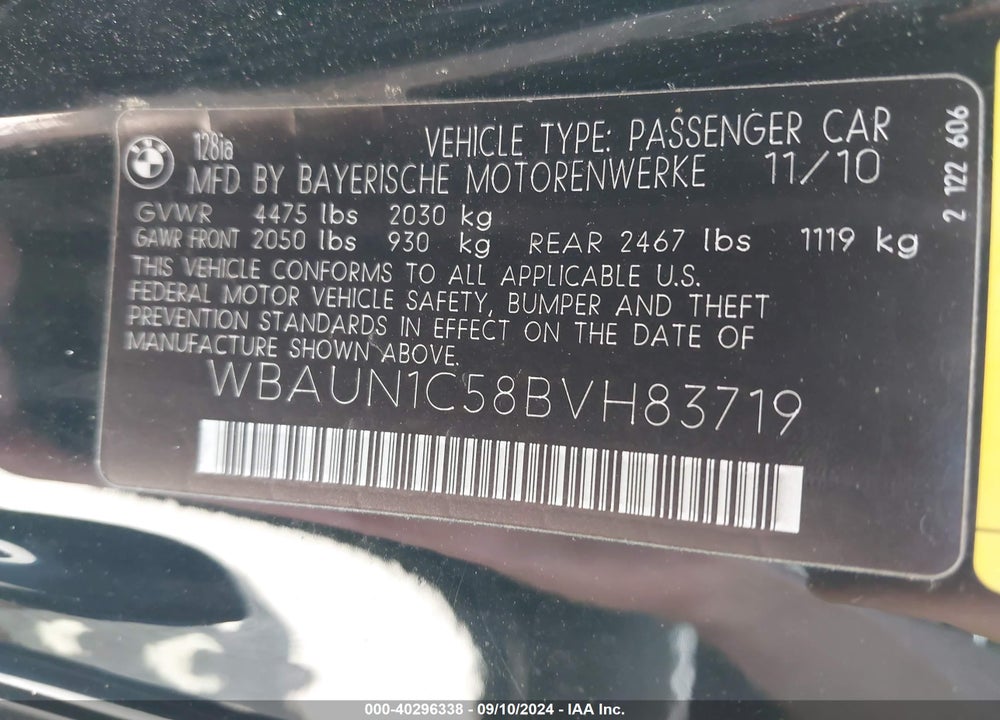 2011 BMW 128I VIN: WBAUN1C58BVH83719