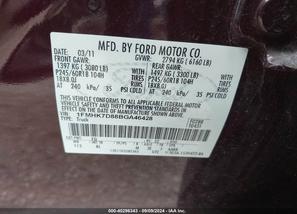 2011 FORD EXPLORER XLT VIN: 1FMHK7D88BGA46428