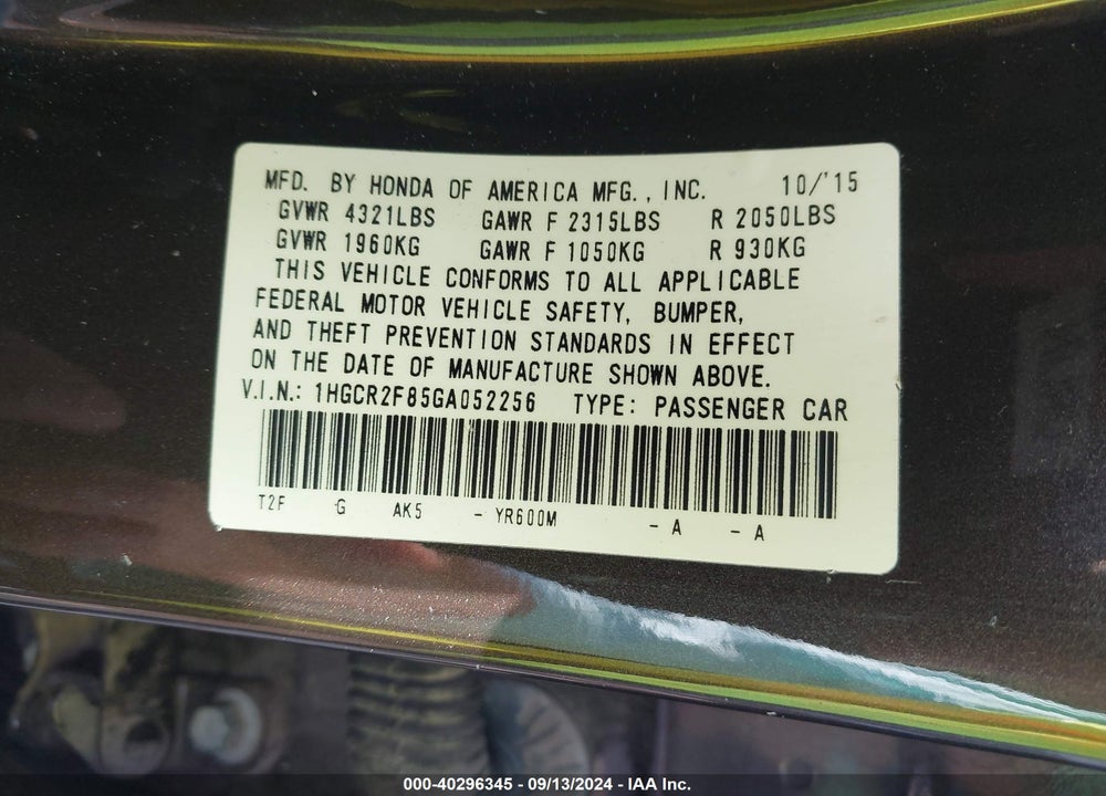 2016 HONDA ACCORD EX-L VIN: 1HGCR2F85GA052256