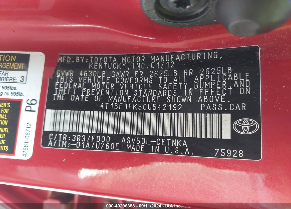 2012 TOYOTA CAMRY LE VIN: 4T1BF1FK5CU542192