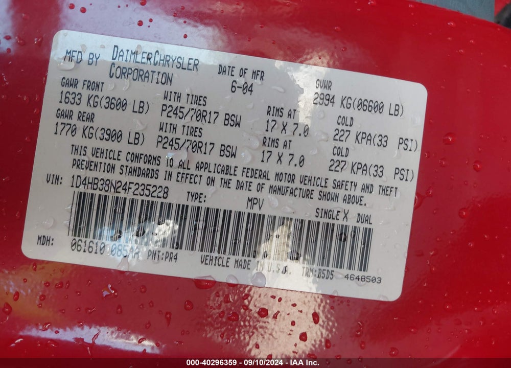 2004 DODGE DURANGO ST VIN: 1D4HB38N24F235228