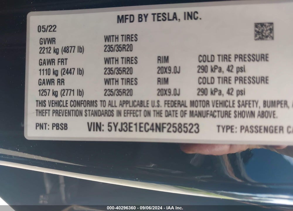 2022 TESLA MODEL 3 PERFORMANCE DUAL MOTOR ALL-WHEEL DRIVE VIN: 5YJ3E1EC4NF258523