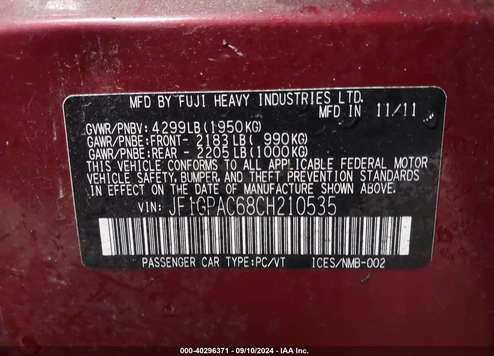 2012 SUBARU IMPREZA 2.0I PREMIUM VIN: JF1GPAC68CH210535