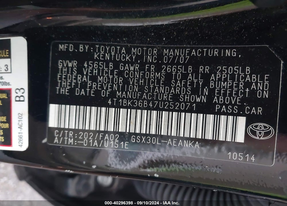 2007 TOYOTA AVALON XL VIN: 4T1BK36B47U252071