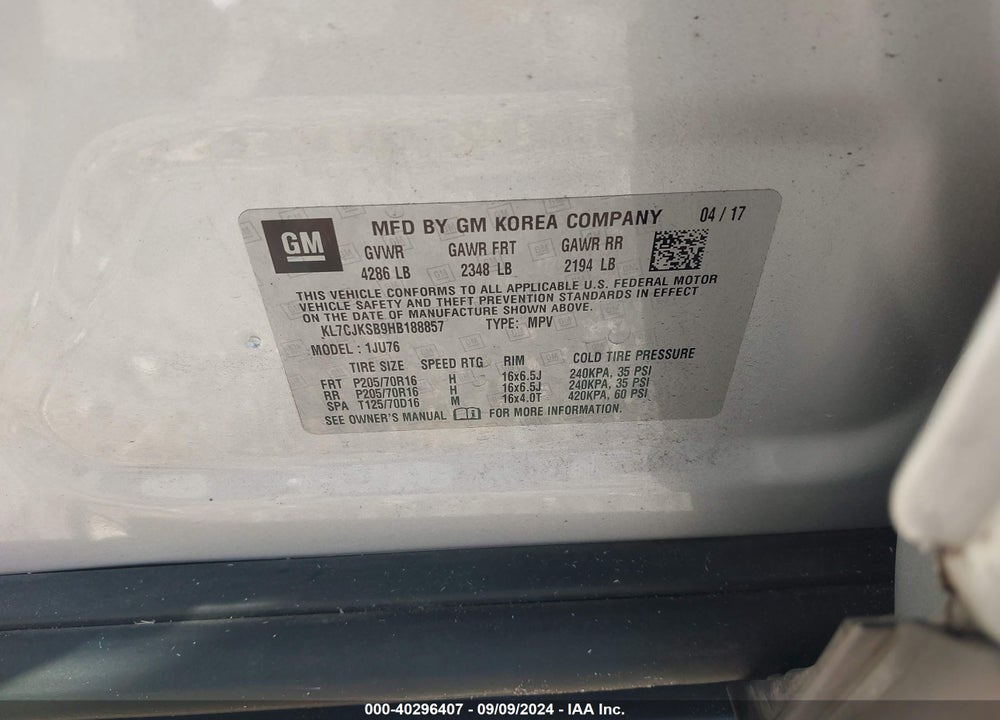 2017 CHEVROLET TRAX LS VIN: KL7CJKSB9HB188857