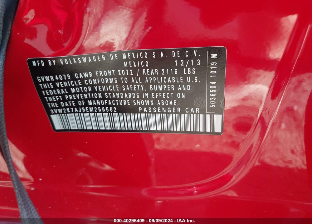 2014 VOLKSWAGEN JETTA 2.0L S VIN: 3VW2K7AJ9EM256562