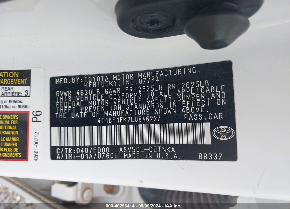 2014 TOYOTA CAMRY LE VIN: 4T1BF1FK2EU846227