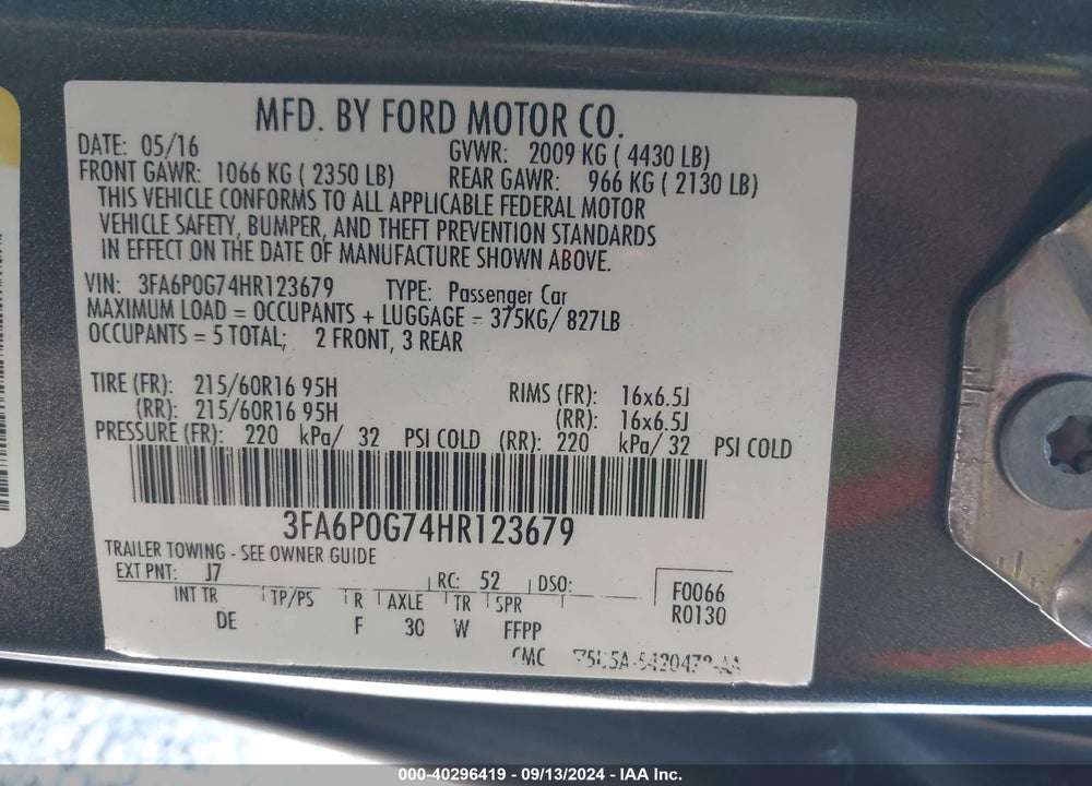 2017 FORD FUSION S VIN: 3FA6P0G74HR123679