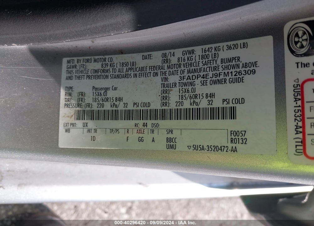 2015 FORD FIESTA SE VIN: 3FADP4EJ9FM126309