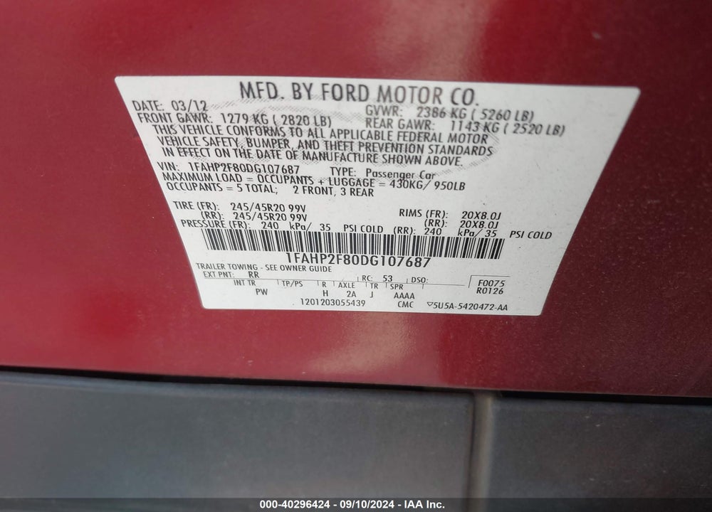2013 FORD TAURUS LIMITED VIN: 1FAHP2F80DG107687
