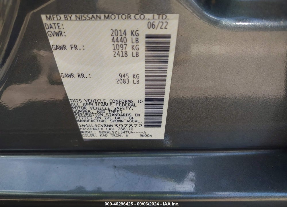 2022 NISSAN ALTIMA SR VC-TURBO FWD VIN: 1N4AL4CV8NN397872