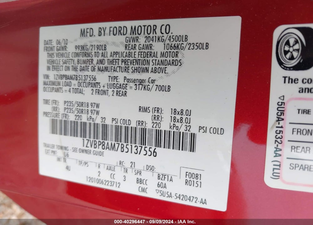 2011 FORD MUSTANG V6 PREMIUM VIN: 1ZVBP8AM7B5137556