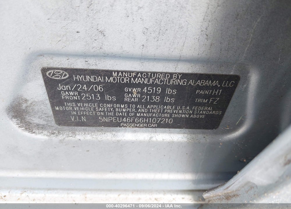 2006 HYUNDAI SONATA GLS V6/LX V6 VIN: 5NPEU46F66H107210
