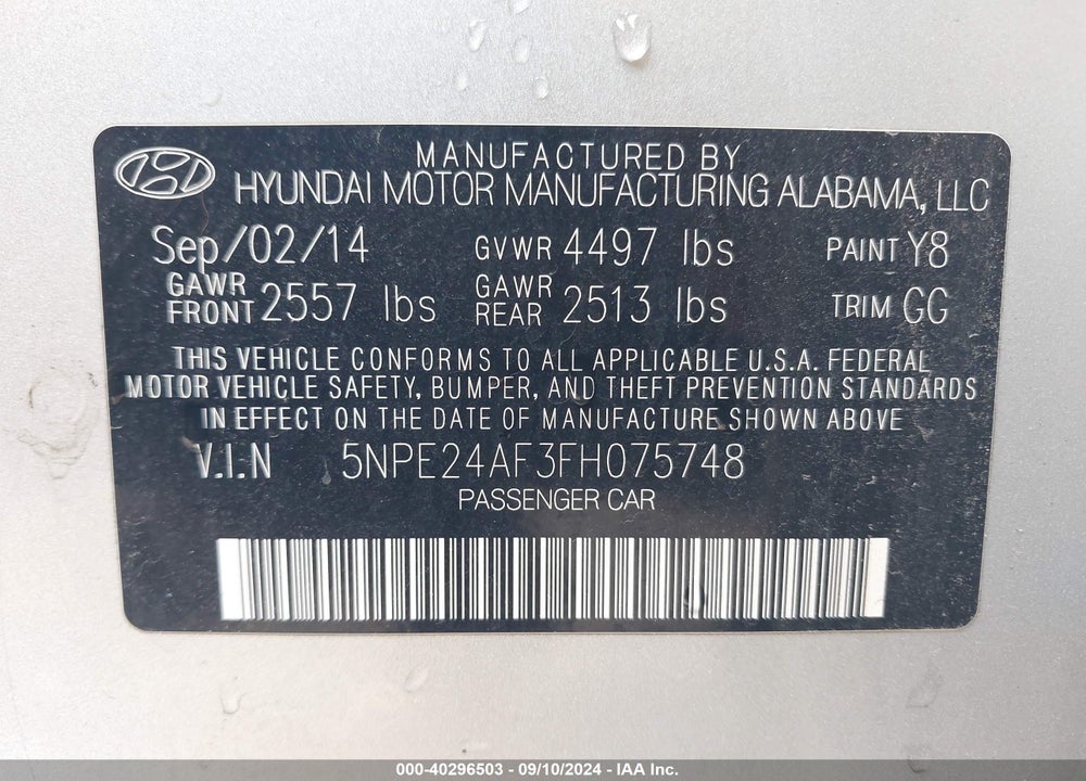 2015 HYUNDAI SONATA SE VIN: 5NPE24AF3FH075748