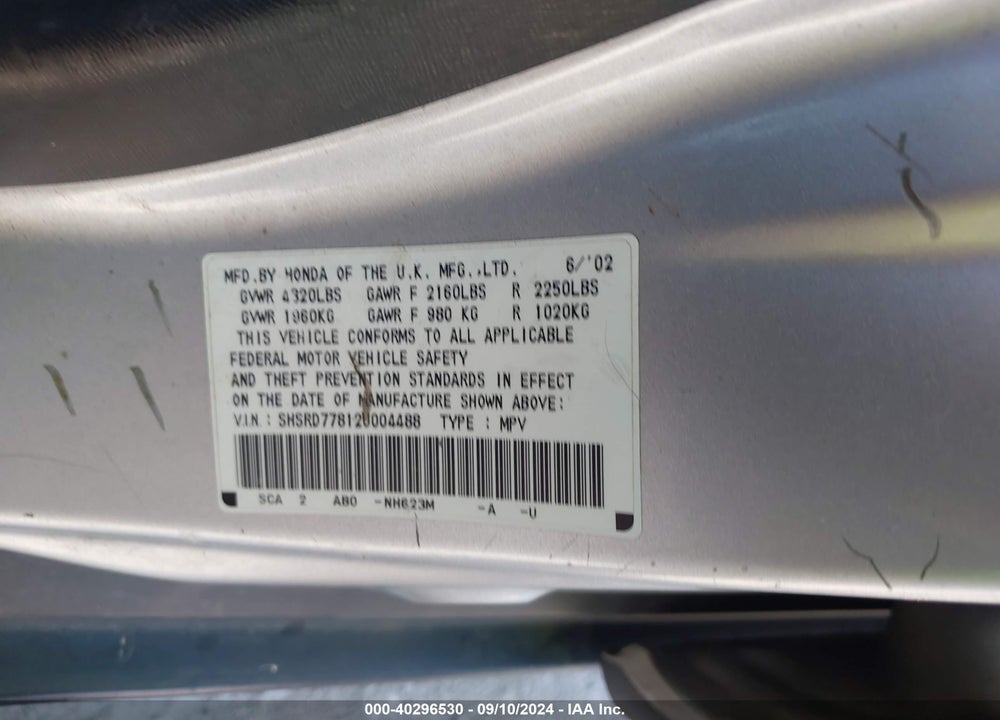 2002 HONDA CR-V EX VIN: SHSRD77812U004488