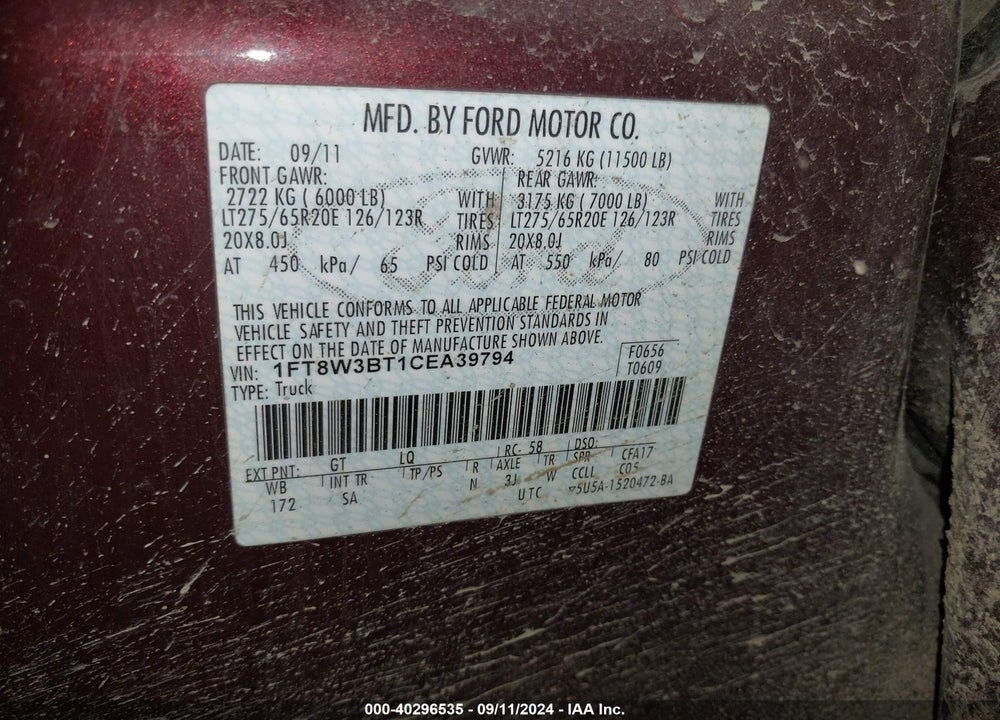 2012 FORD F-350 LARIAT VIN: 1FT8W3BT1CEA39794