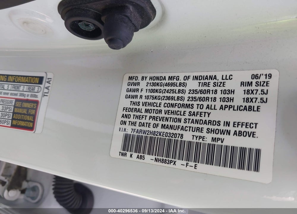 2019 HONDA CR-V EX-L VIN: 7FARW2H82KE032078