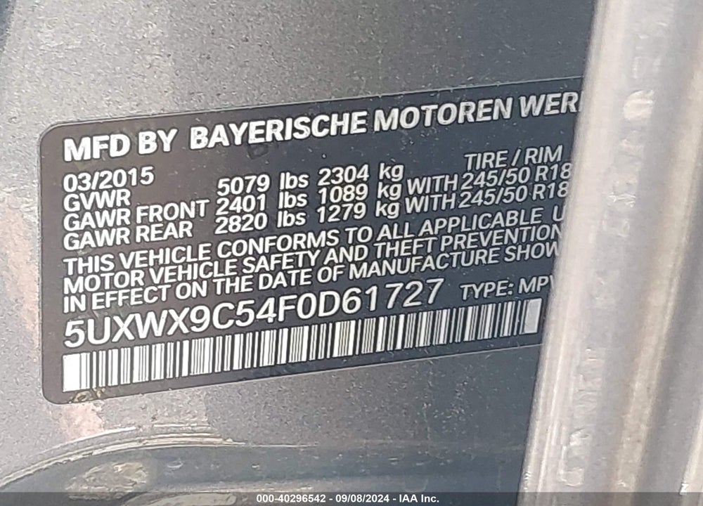 2015 BMW X3 XDRIVE28I VIN: 5UXWX9C54F0D61727