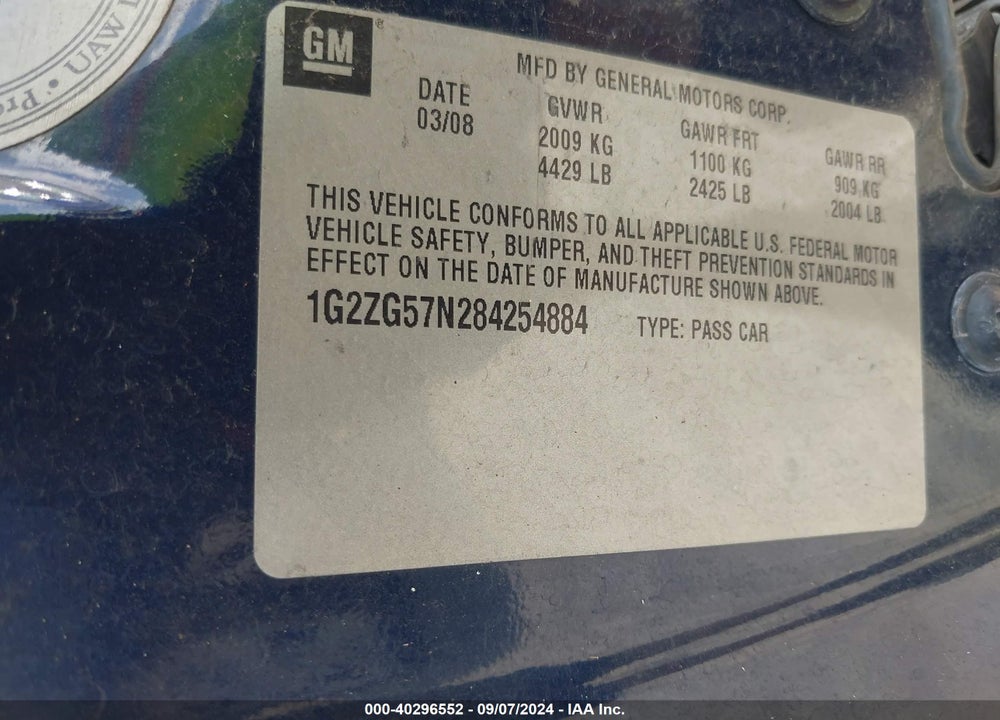 2008 PONTIAC G6 VIN: 1G2ZG57N284254884