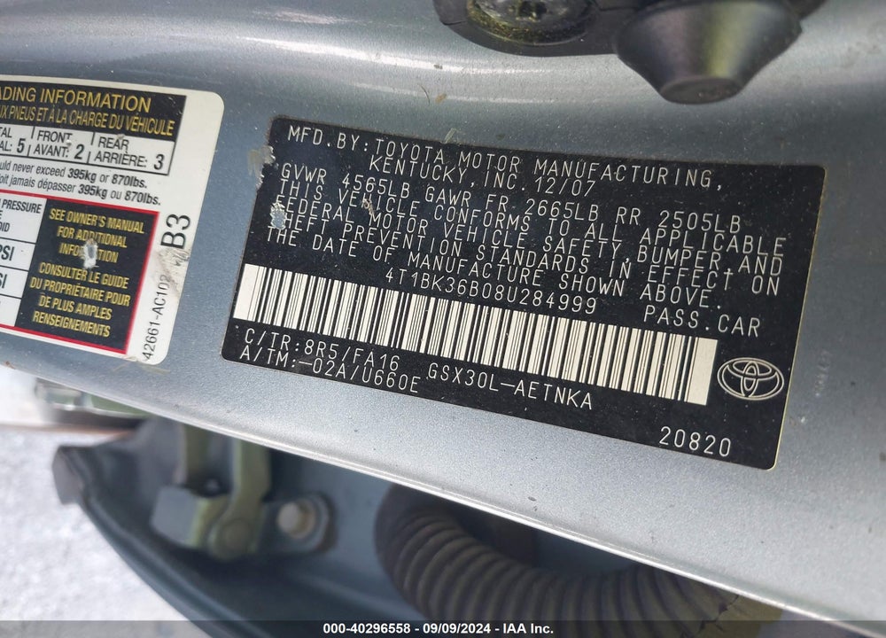 2008 TOYOTA AVALON VIN: 4T1BK36B08U284999