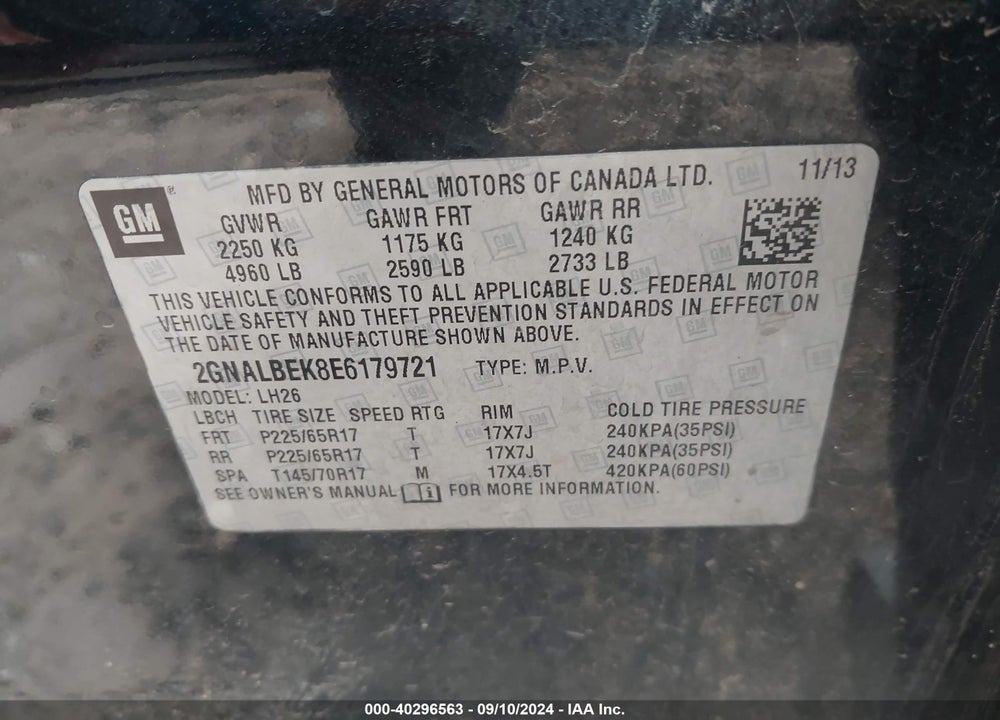 2014 CHEVROLET EQUINOX 1LT VIN: 2GNALBEK8E6179721