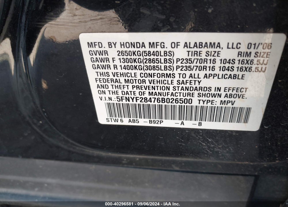 2006 HONDA PILOT EX VIN: 5FNYF28476B026500
