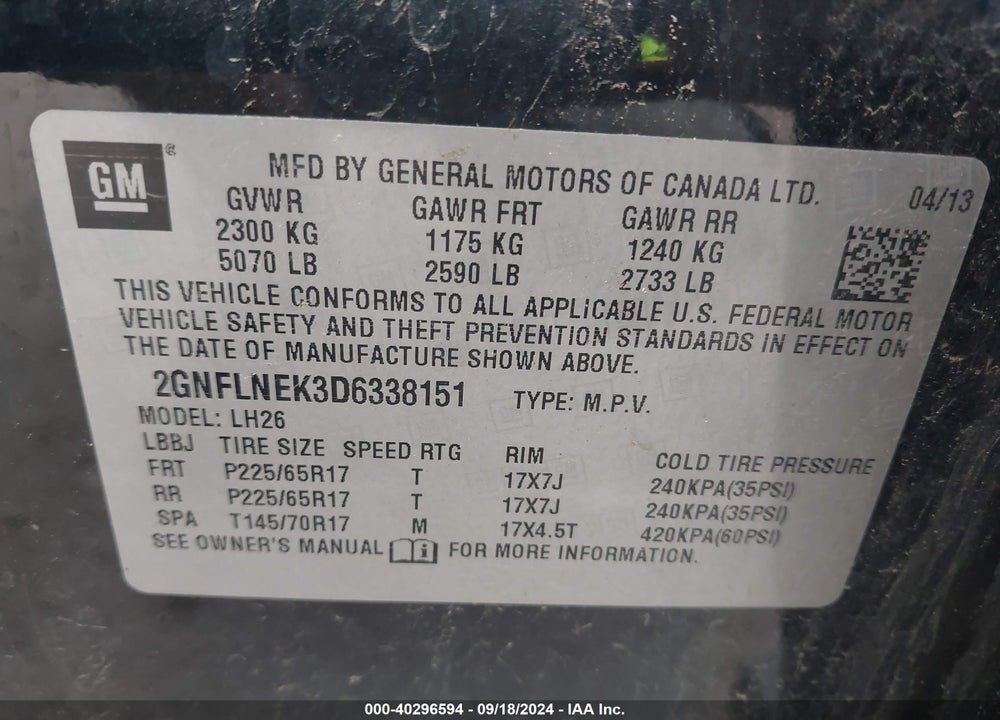 2013 CHEVROLET EQUINOX 2LT VIN: 2GNFLNEK3D6338151