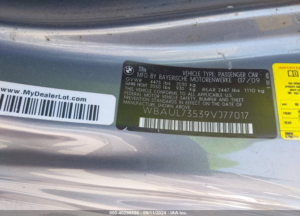2009 BMW 128I VIN: WBAUL73539VJ77017