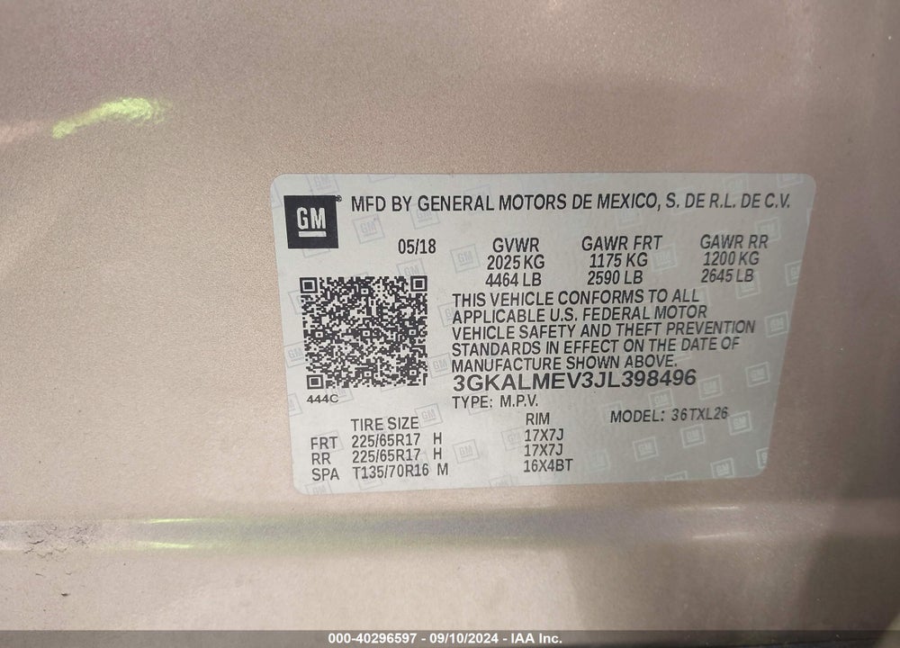 2018 GMC TERRAIN SLE VIN: 3GKALMEV3JL398496