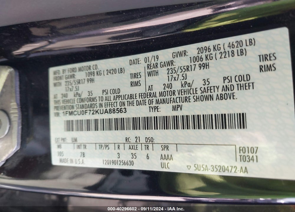2019 FORD ESCAPE S VIN: 1FMCU0F72KUA88563