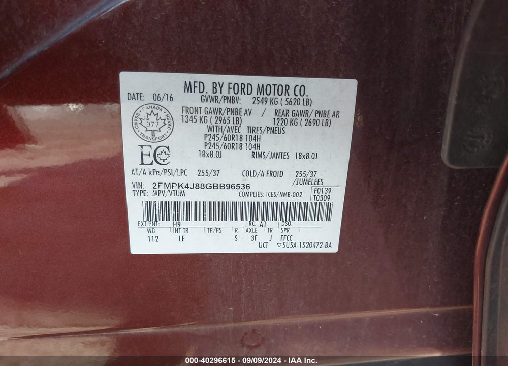 2016 FORD EDGE SEL VIN: 2FMPK4J88GBB96536