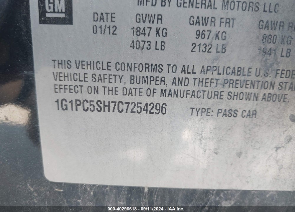 2012 CHEVROLET CRUZE LS VIN: 1G1PC5SH7C7254296