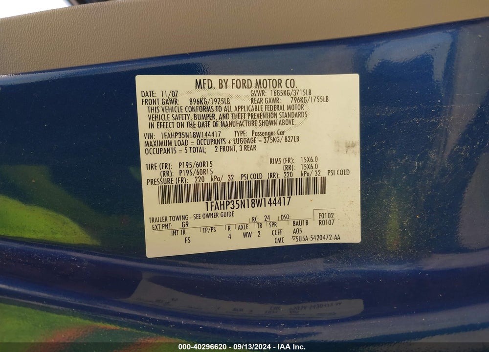 2008 FORD FOCUS SE/SES VIN: 1FAHP35N18W144417