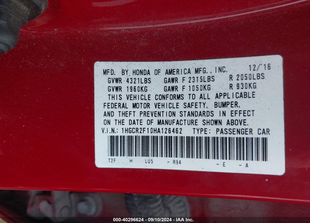 2017 HONDA ACCORD SPORT SE VIN: 1HGCR2F10HA126462