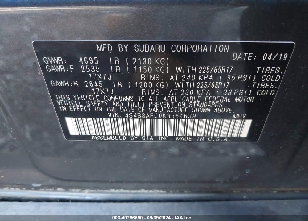 2019 SUBARU OUTBACK 2.5I PREMIUM VIN: 4S4BSAFC0K3354639