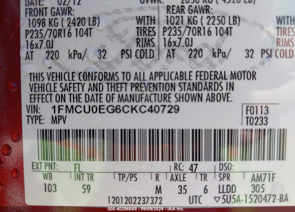 2012 FORD ESCAPE LIMITED VIN: 1FMCU0EG6CKC40729