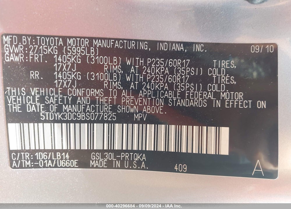 2011 TOYOTA SIENNA XLE V6 VIN: 5TDYK3DC9BS077825