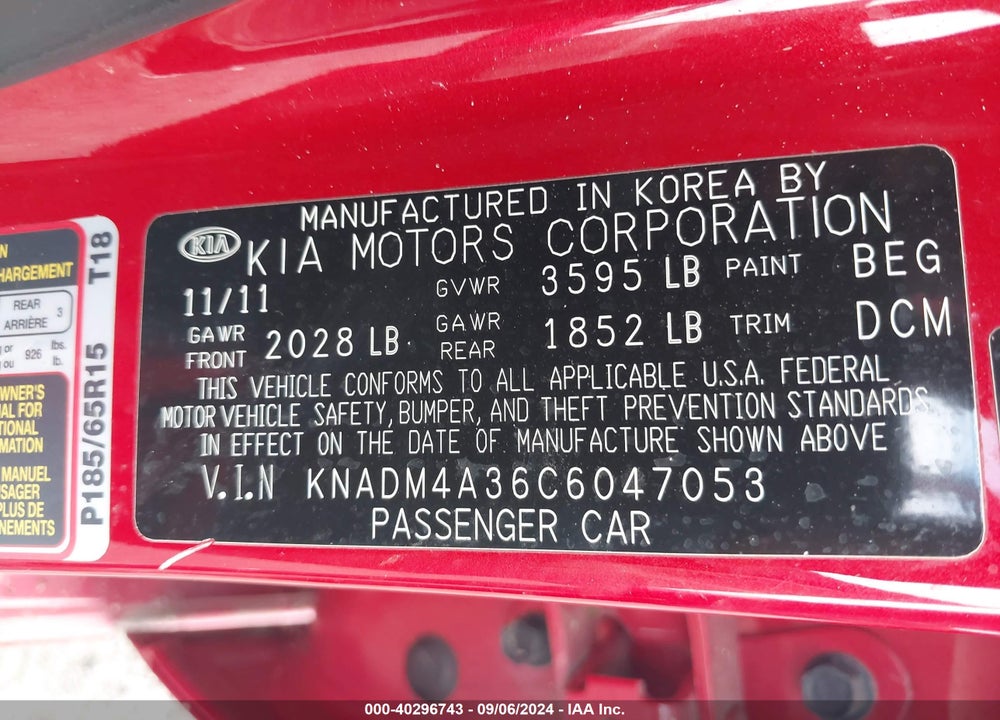 2012 KIA RIO VIN: KNADM4A36C6047053