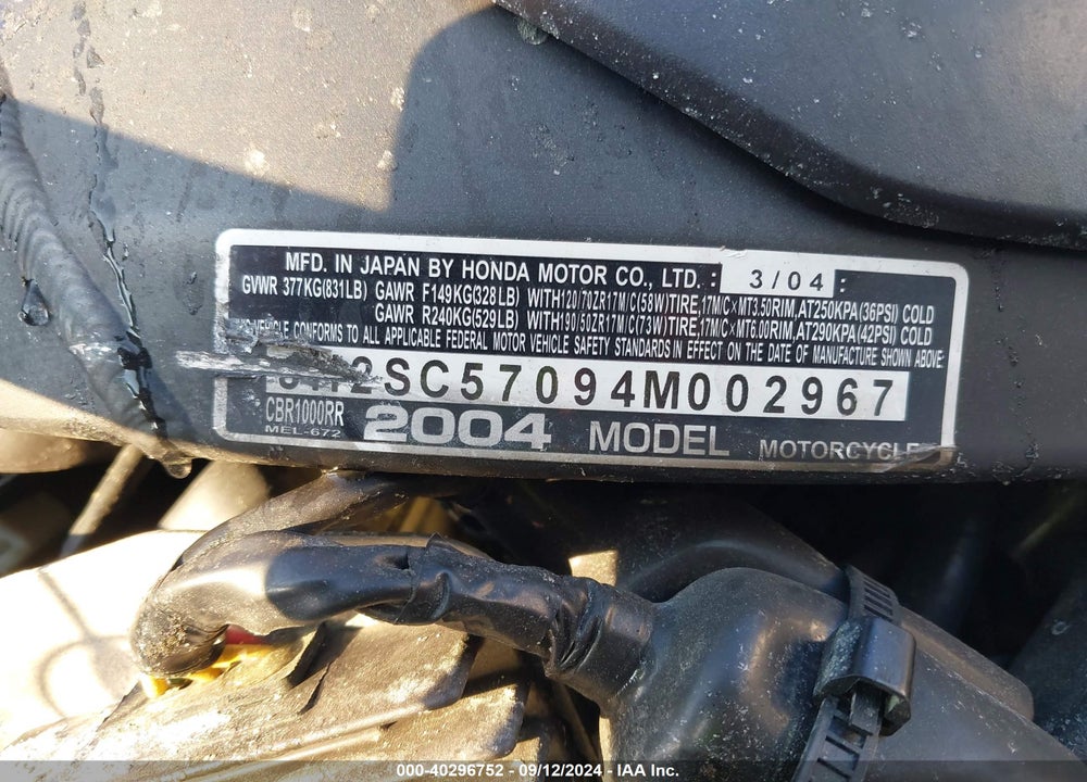 2004 HONDA CBR1000 RR VIN: JH2SC57094M002967
