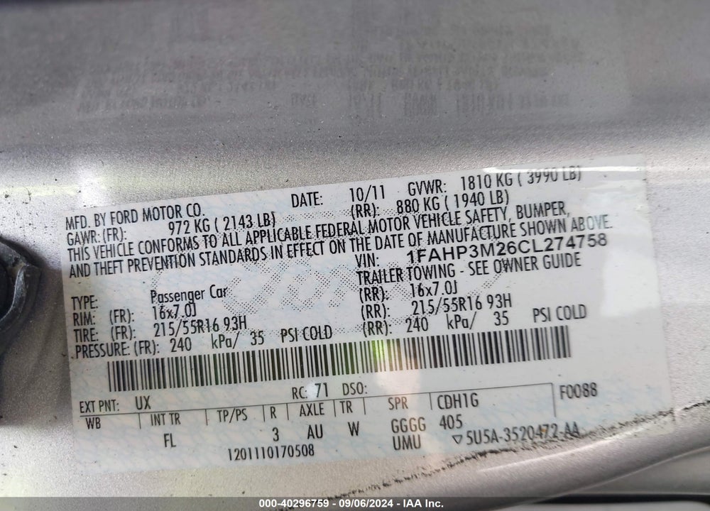 2012 FORD FOCUS SEL VIN: 1FAHP3M26CL274758