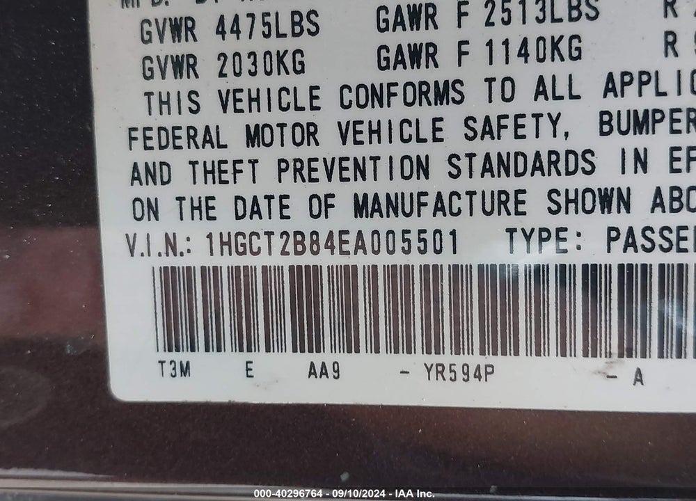 2014 HONDA ACCORD VIN: 1HGCT2B84EA005501