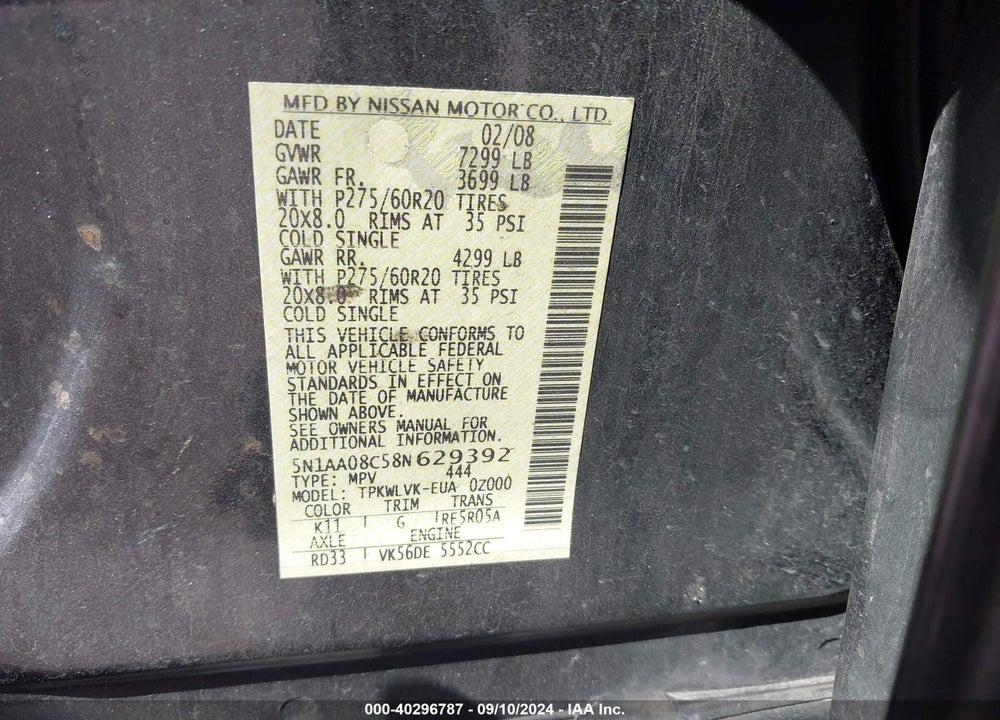 2008 NISSAN ARMADA VIN: 5N1AA08C58N629392