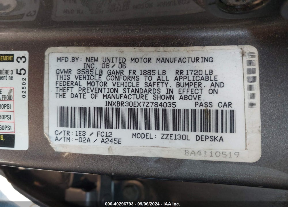 2007 TOYOTA COROLLA S VIN: 1NXBR30EX7Z784035