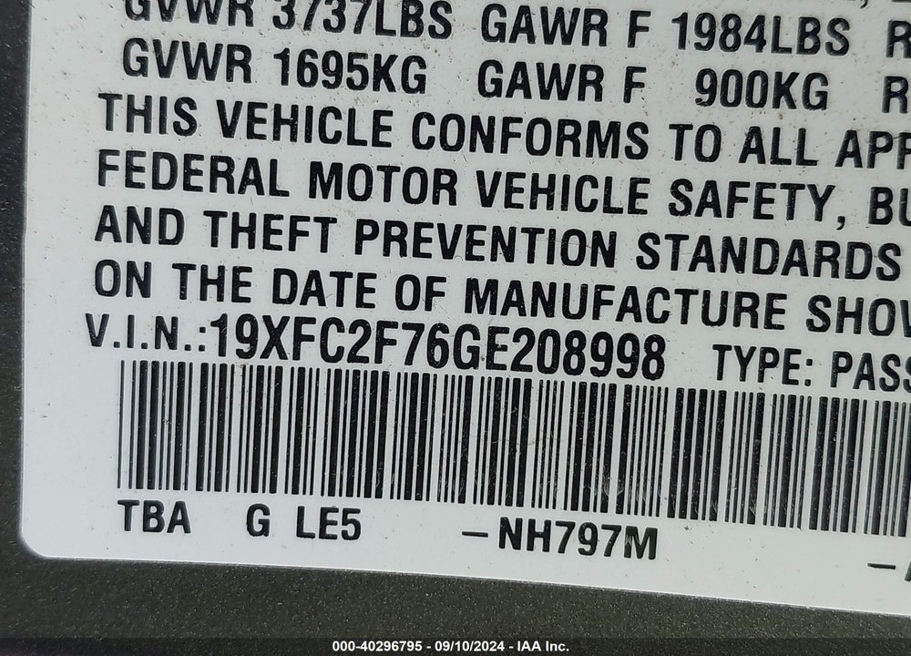 2016 HONDA CIVIC EX VIN: 19XFC2F76GE208998