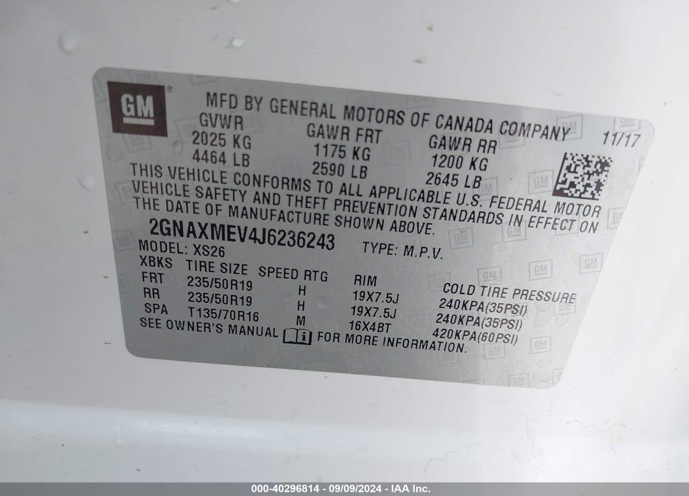 2018 CHEVROLET EQUINOX PREMIER VIN: 2GNAXMEV4J6236243