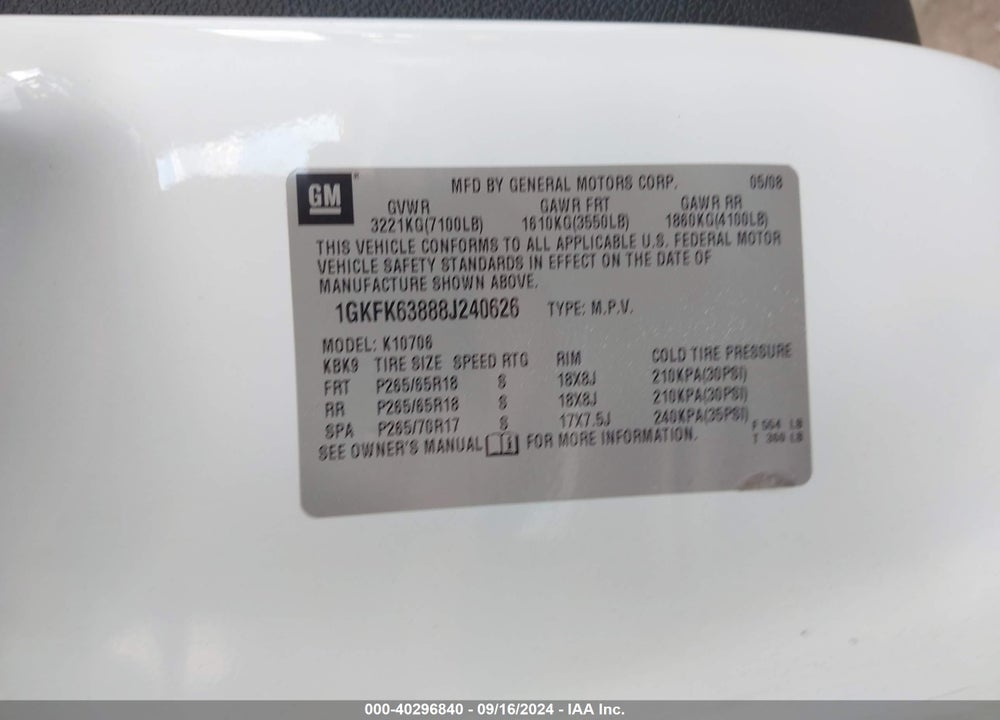 2008 GMC YUKON DENALI VIN: 1GKFK63888J240626